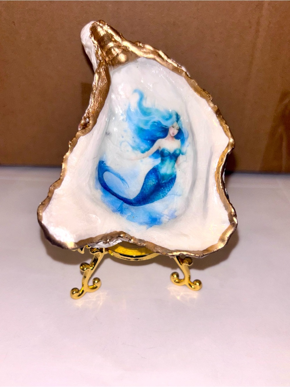 Blue Mermaid Shell Decorative Accent with Gold Trim